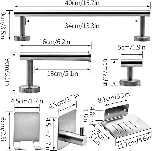 Miniatura 10 de Juego de 7 piezas de accesorios de baño, juego de torre de baño de acero inoxidable negro mate, montaje en pared, incluye barra de toalla de 16