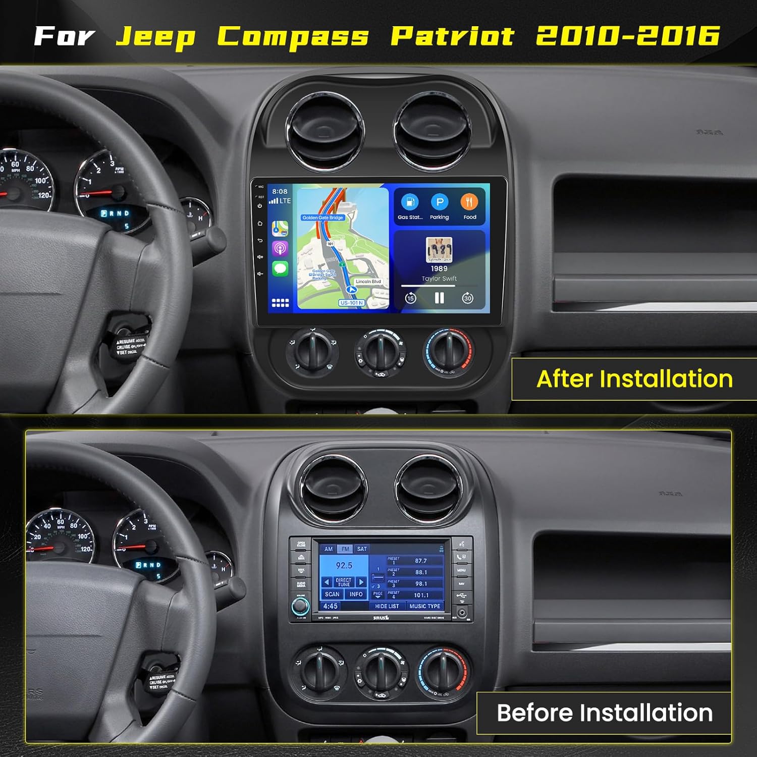 [4Core 64G] Android 15 Car Stereo for Jeep Compass Patriot 2010-2016, Hikity 10.1" Touchscreen Radio Wireless Carplay Android Auto Mirror Link Bluetooth GPS 5G WiFi SWC FM/RDS Bakkup Camera