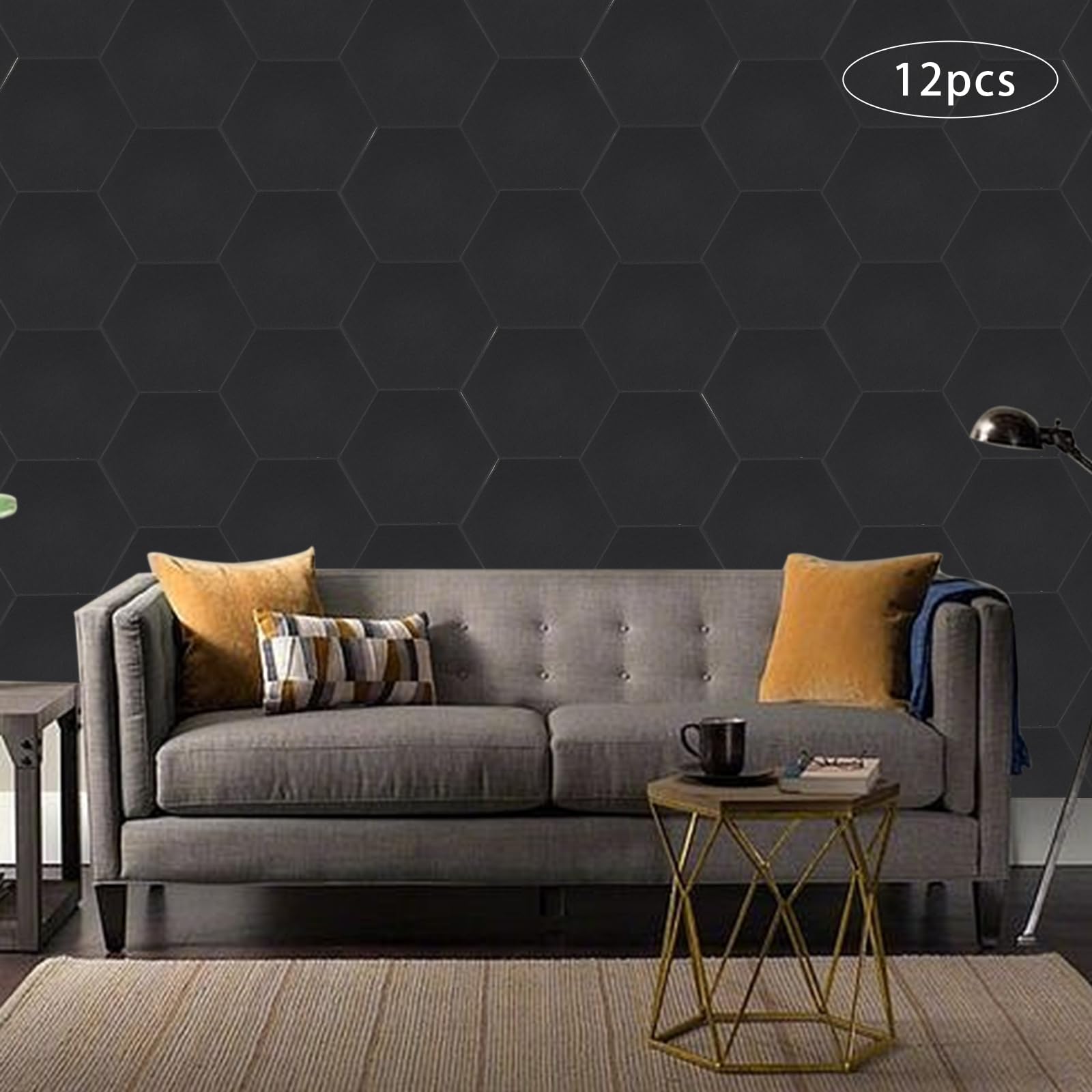 12 paneles acústicos hexagonales – Paneles aislantes acústicos autoadhesivos de fibra de poliéster (10,76 ft²) – para pared y techo, aptos para bricolaje, negro, 0,9 cm de grosor, ideal para oficina