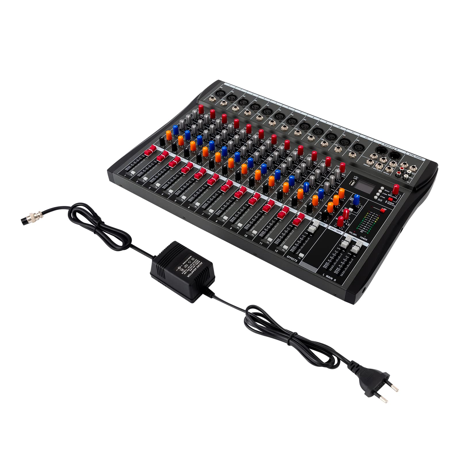 DJ Sound Controller für Computer Recording 12-Kanal Studio Audio Mixer mit XLR Mikrofon Sockel, 48V Netzteil für zu Hause KTV, Campus Sprache usw