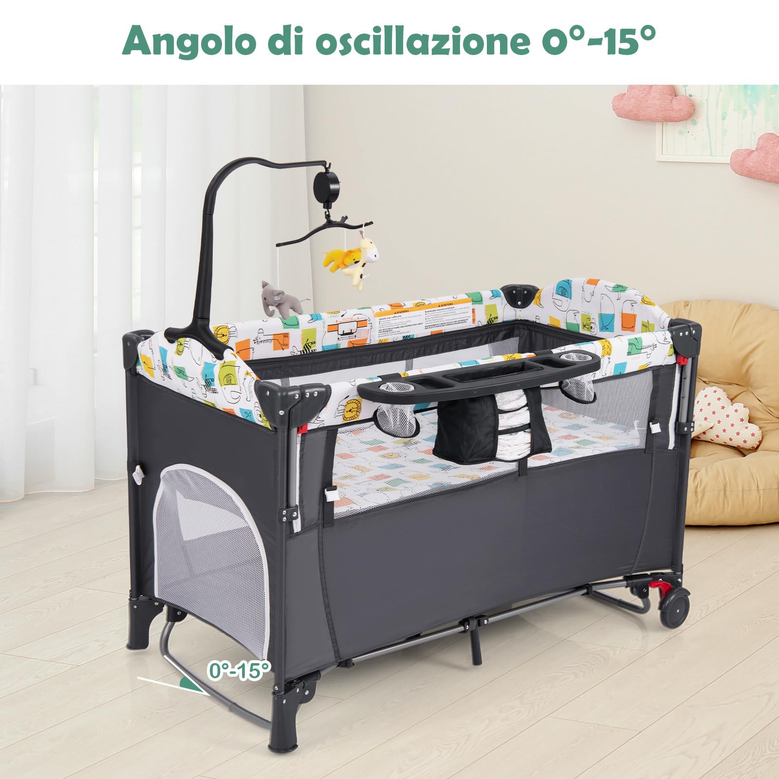 RELAX4LIFE 5 in 1 Lettino Neonato con Materasso, Culla da Campeggio con Fasciatoio e Cintura di Fissaggio, Altezza Regolabile in 4 Livelli, Adatto a Bambini da 0 a 36 Mesi,125 x 66 x 78 cm (Grigio)