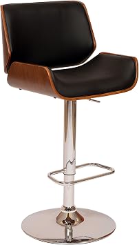Armen Living London Modern Adjustable Height Swivel Black Faux Leather and Walnut Wood Bar Stool with Chrome Base for Kitchen Island Counter