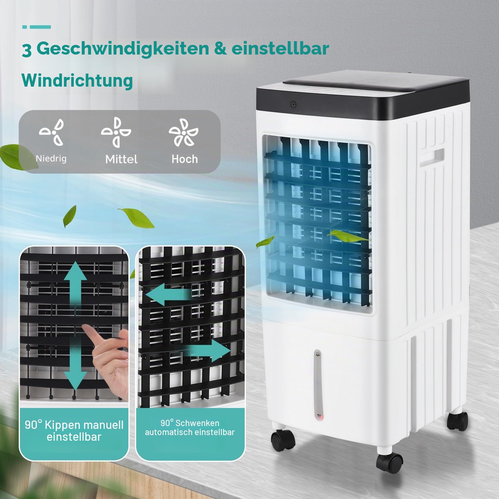 Leiser Tragbarer Klimaanlagenventilator, Verdunstungskühler, 3 Geschwindigkeiten mit Fernbedienung, 10 L Wassertank für Zimmer, Büro, Wohnheim, Tragbare Klimaanlagen (EU-Stecker)