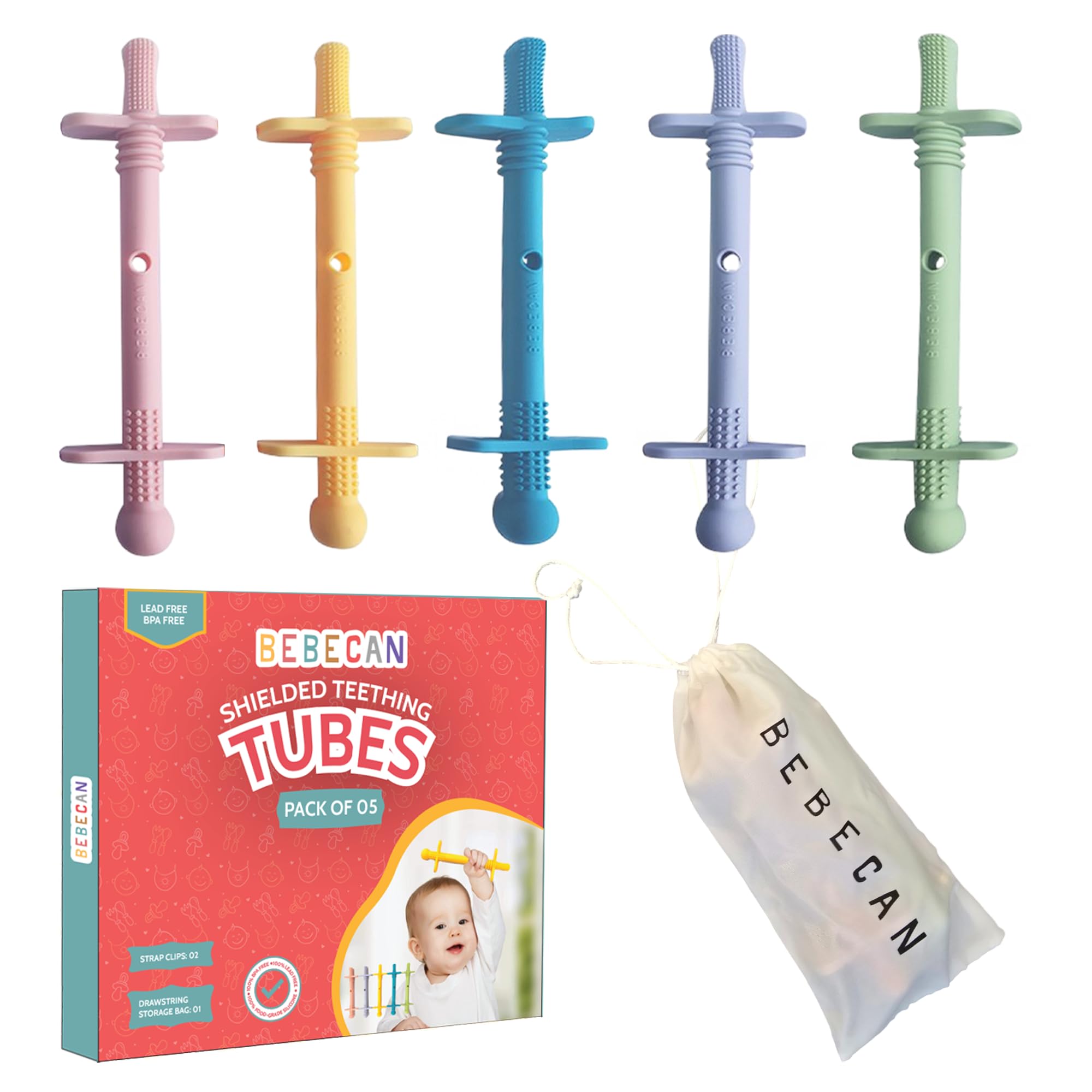 Bebecan Shielded Teething Tubes – Baby Teething Relief 0-36 Months, Anti-Choking Design, Clip-Attachable, BPA-Free Silicone, 5 Soft Tubes + 2 Teether