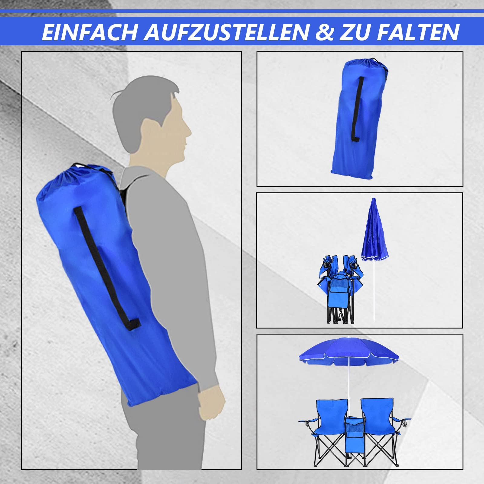 GYMAX Sedia da Campeggio Pieghevole per 2 Persone con Ombrellone, Poltrona da Campeggio con Tasche, Portabicchieri e Borsa da Trasporto, Ideale per Spiaggia, Pesca, Barbecue, Picnic (Blu)