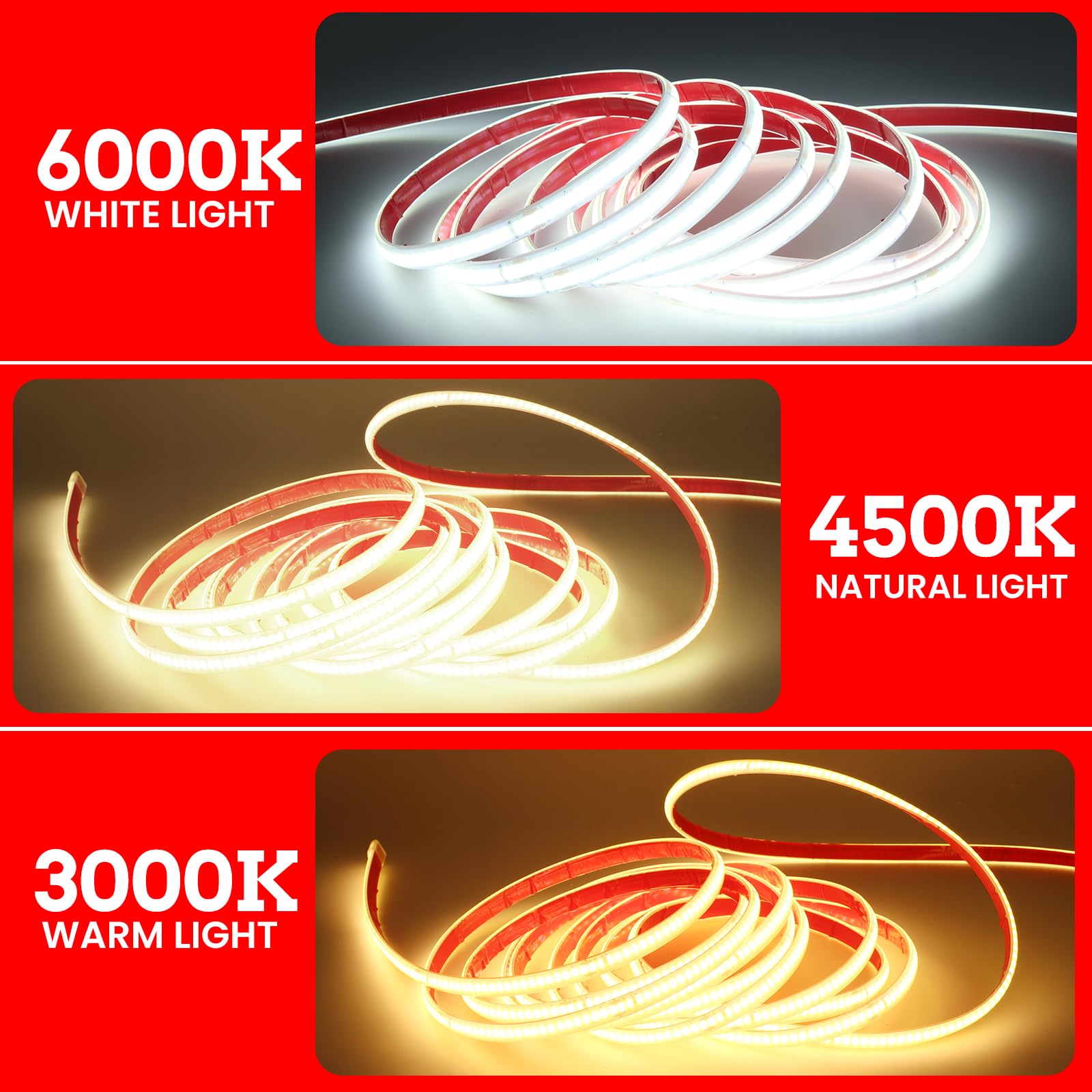 220V Tira LED COB regulable/temporizable [24M,Blanco natural 4000-4500K],flexible e impermeable IP67,240 LEDs/m recortable tira LED FCOB de silicona CRI85+,iluminación para hogar/comercios
