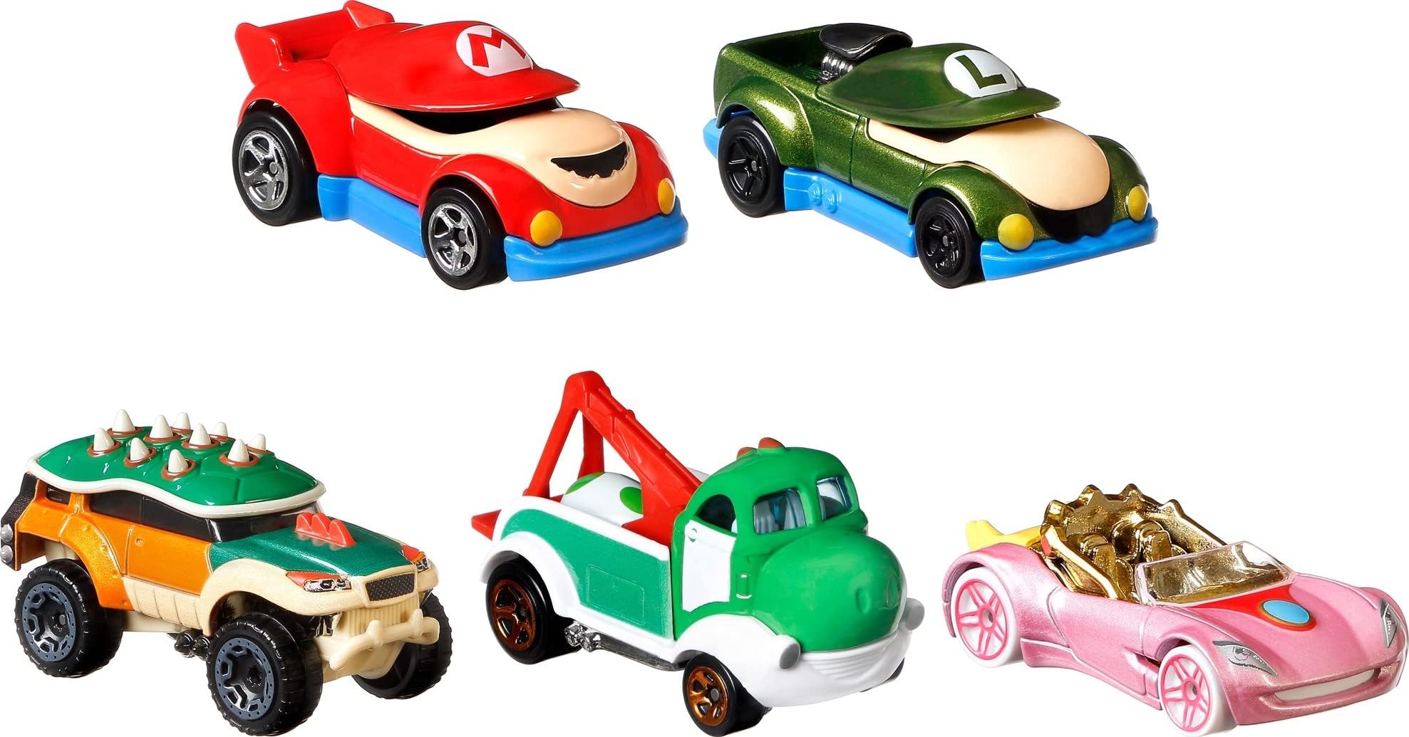 Super Mario Character Car 5-Pack with Mario, Luigi, Princess Peach, Yoshi & Bowser Vehicles in 1 Set, Gift for Ages 3 Years Old & Up