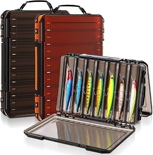 2 Pack Double Sided Fishing Lure Boxes 14 Compartments Waterproof Fishing Tackle Box Organizer with Handle, Portable Clear Hard Bait Storage Case for Jerkbait, Minnows & Hooks(Orange, Gray)