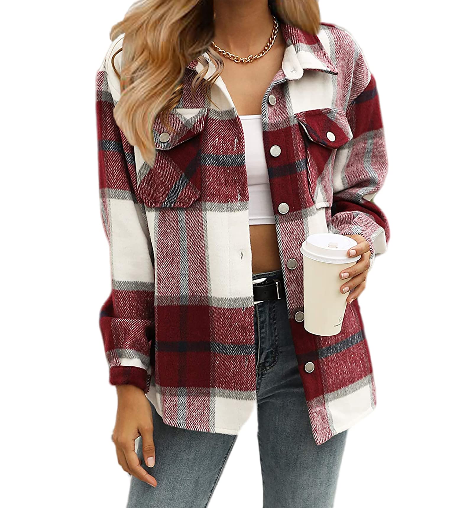 Timuspo Veste chemise à carreaux en flanelle pour femme - Manches longues - Coton - Revers - Blouse boutonnée - Manteau shacket