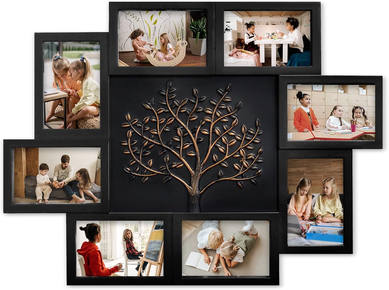 Jerry & Maggie Picture Frames Collage Wall Decor for Home, Family Tree Photo Frames for Wall, 4x6 Picture Frame Collage with Tree, Black with Gold Tree