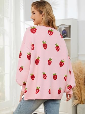 Women's Kawaii Strawberry Knit Oversized Sweater Cute Cardigan Open Front Aesthetic for Teen Girls Y2k Korean Jacket Tops
