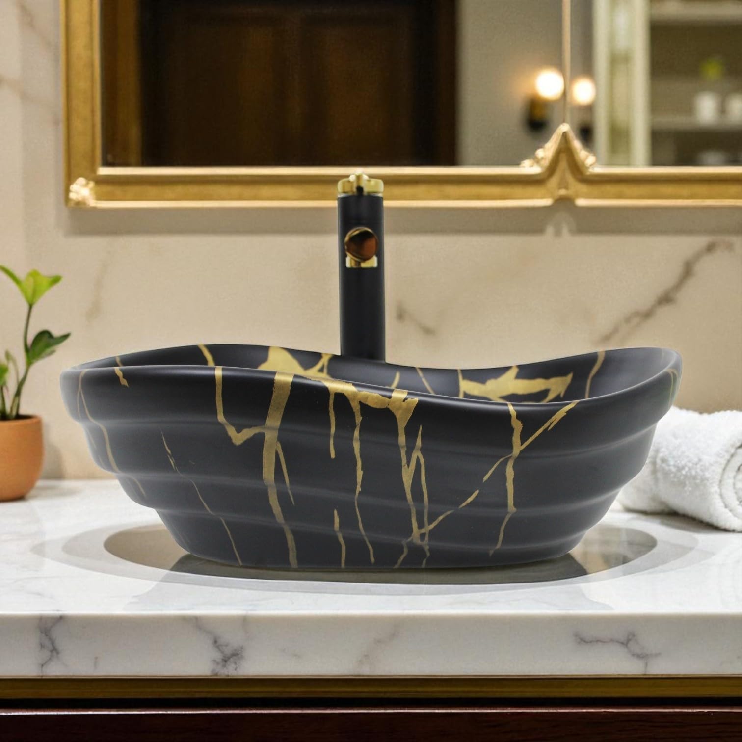 BASSINO Black & Gold Marble Designer Tabletop Wash Basin/Ceramic Vanity Sink for Homes, Hotels & Spas/Countertop Bathroom Basin (18x14x6 Inch/Matte Black with Gold Veins)