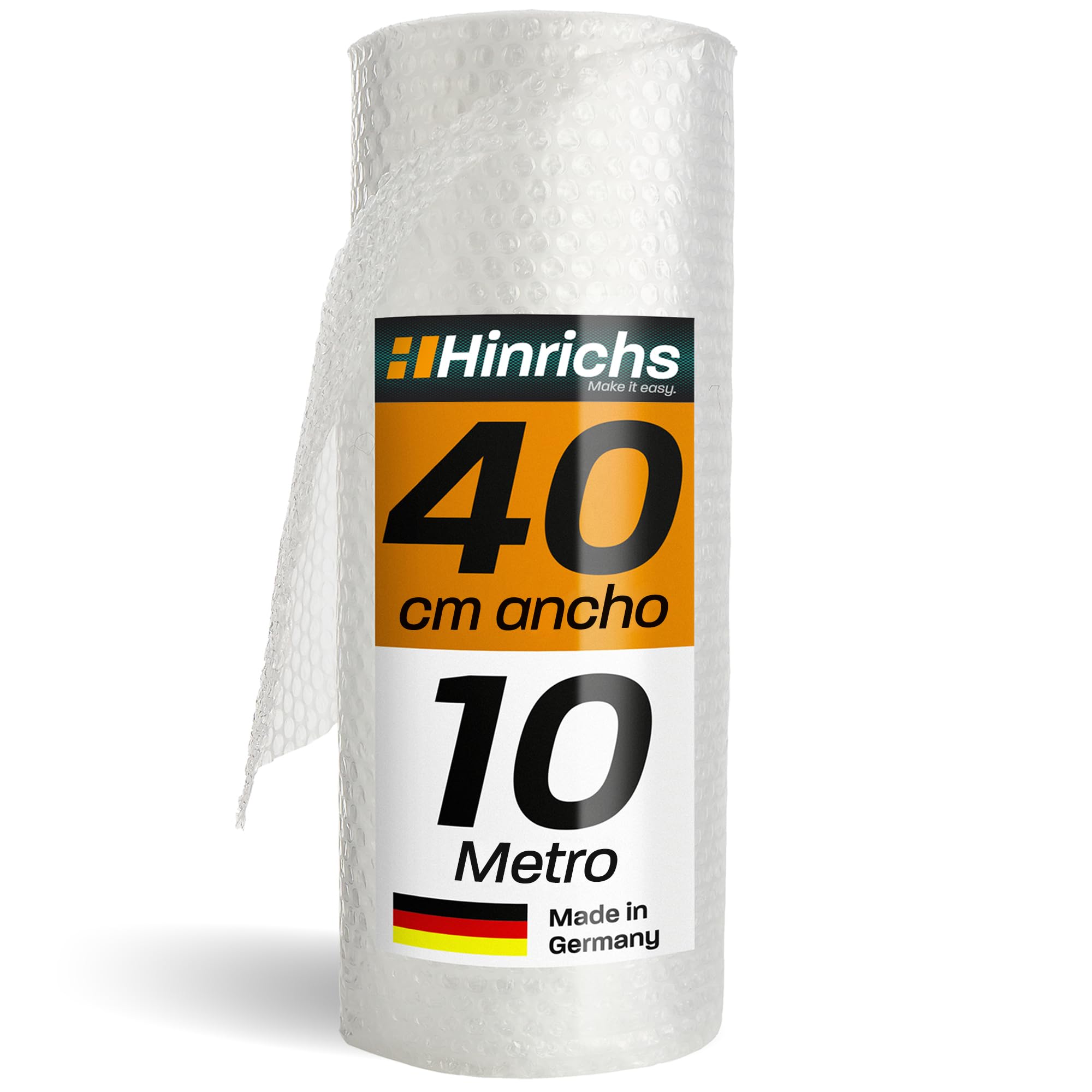 Hinrichs Rollo de Papel Burbujas 10m x 40cm - Ideal para Envíos, Embalajes y Mudanzas - 100% Reciclable - Plástico de Burbujas como Material de Embalaje - Material de Amortiguación
