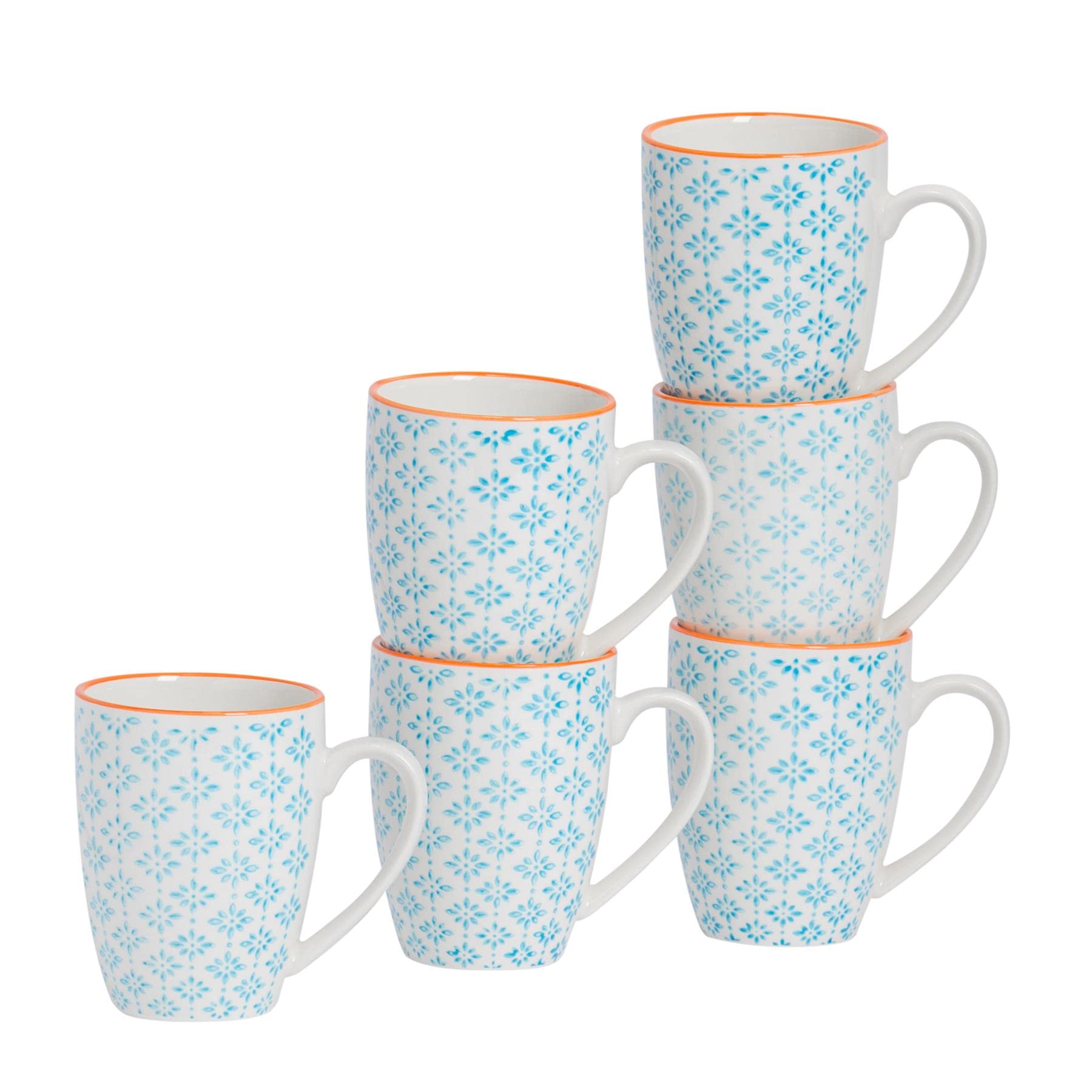 Nicola Spring Blue 360Ml Hand Printed Stoneware Coffee Mugs - Pack Of Six