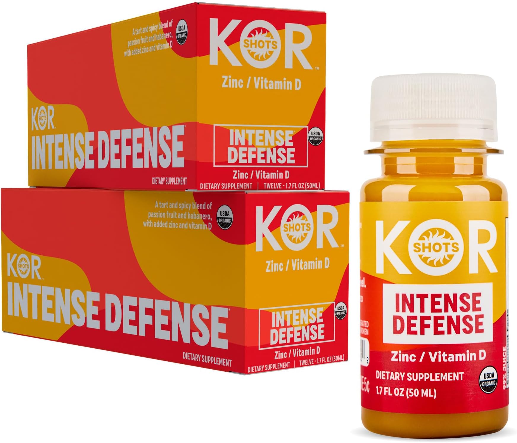 Kor Shot Vitamin D & Zinc Shot - 24 Pack x 1.7 Fl Oz - Intense Defense - 100% DV of Zinc and 235% DV of Vitamin D- USDA Certified Organic