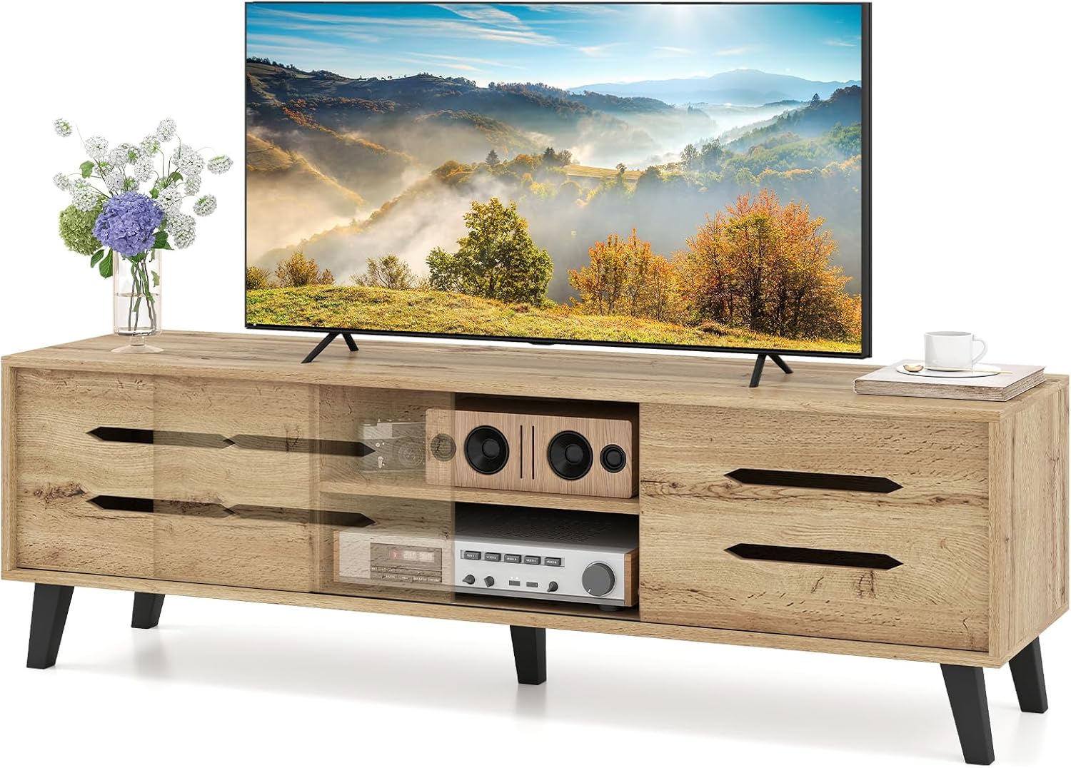 Tangkula Mid Century Modern TV Stand with Sliding Doors for 65” TVs, Entertainment Center w/Storage Shelves & Cable Hole, Media Console Table w/Raised Support Legs for Living Room (Natural, 59”L)