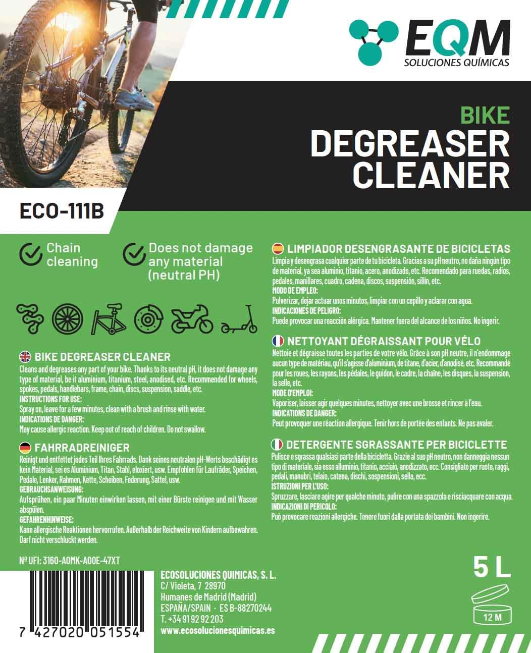 EQM - ECO-111B - Dégraissant pour Vélo - 5L - pH Neutre, Protège Toutes les Pièces - Dégraissant pour Chaînes