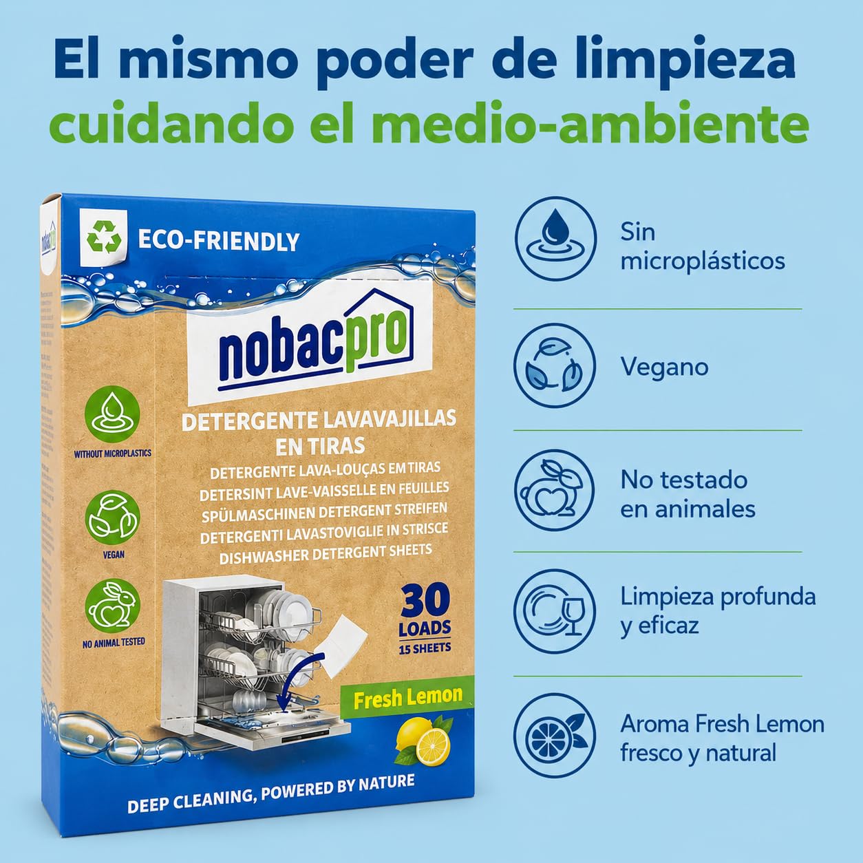 Lavavajillas en Tiras Ecológico | 180 Lavados (6 Paquetes) | Fresh Lemon | Detergente Lavavajillas Vegano, Sin Plásticos y Respetuoso con el Medio Ambiente | Limpieza Profunda