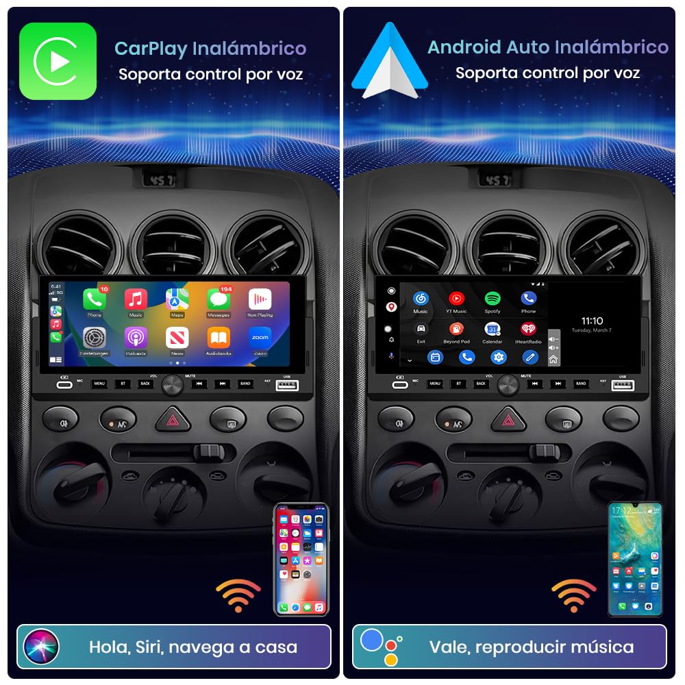 Junsun 6.86 Pulgadas 1 DIN Radio Coche Universal con Pantalla Táctil, con CarPlay/AndroidAuto/Admite Carga Type-C/USB/Micrófono/FM/EQ/GPS/Bluetooth 5.0/USB/SWC y Cámara Trasera con Cable 6M
