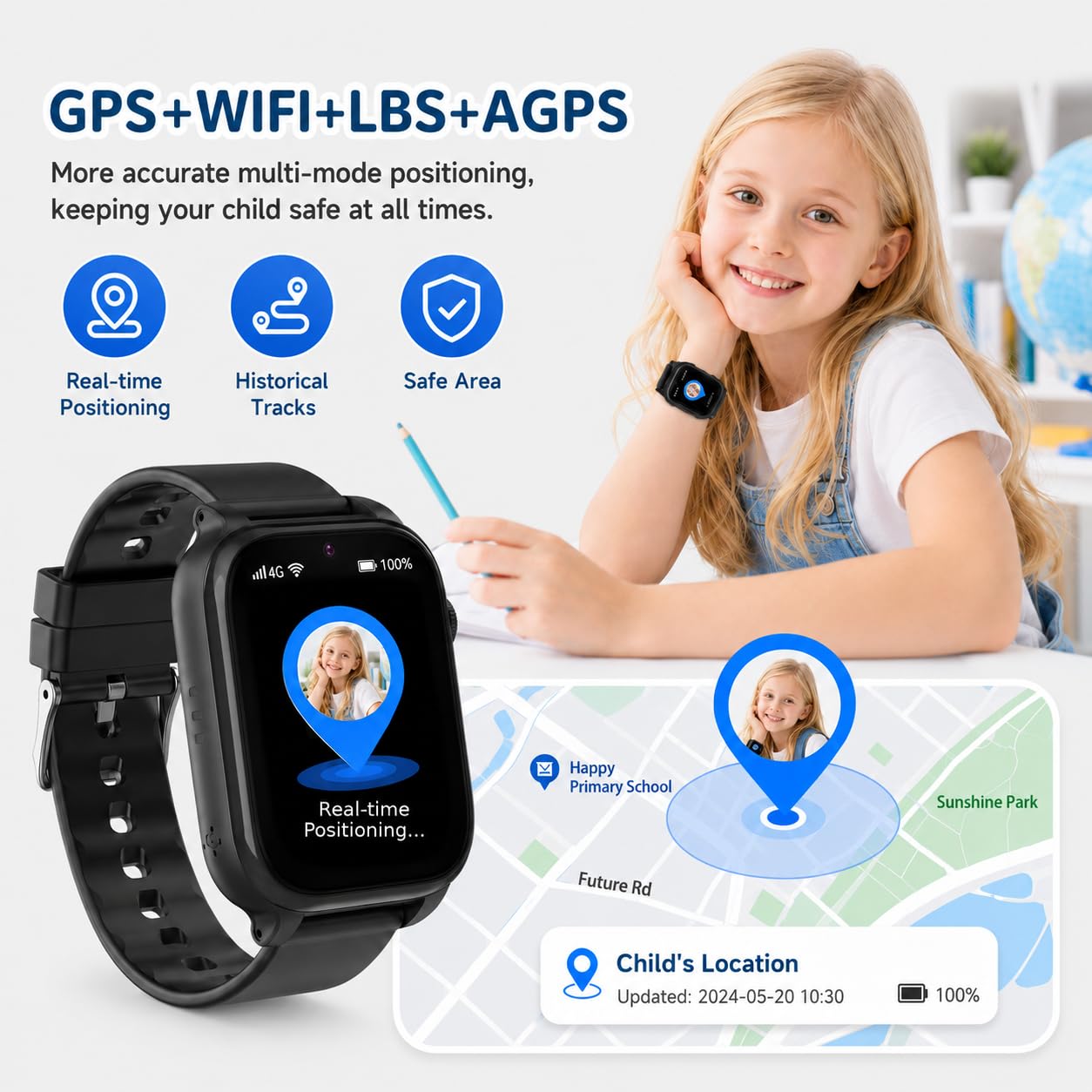 4G Smartwatch Bambini con GPS e Videochiamate, Orologio Telefono con SOS | Localizzatore WiFi e LBS Batteria 700mAh Modalità Scuola Chat Vocale Torcia Sveglia IP68 Regalo per Ragazzi Ragazze 5-12 Anni