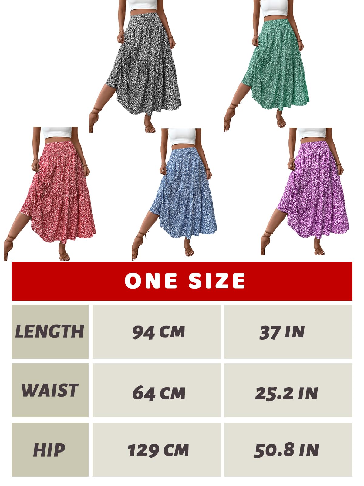 LIAMERHE Jupe Longue Femme d'été Maxi Jupe Bohème Ligne A Taille Haute Élastique Jupes Imprimé Jupe de Plage Jupe de Loisirs Décontractée Chic Taille Unique