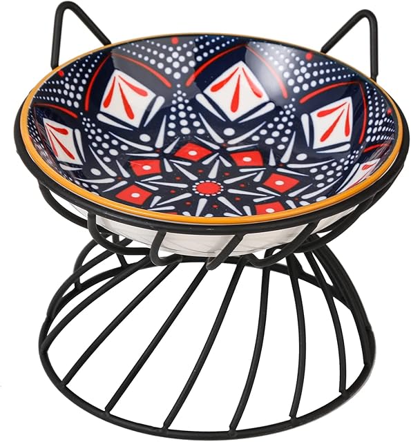 Podwyższona ceramiczna miska na karmę dla kota - podwyższone naczynie dla kota z antypoślizgowym stojakiem - szeroka płytka miska dla kota przyjazna dla wąsów - uroczy talerz dla kota - miski do