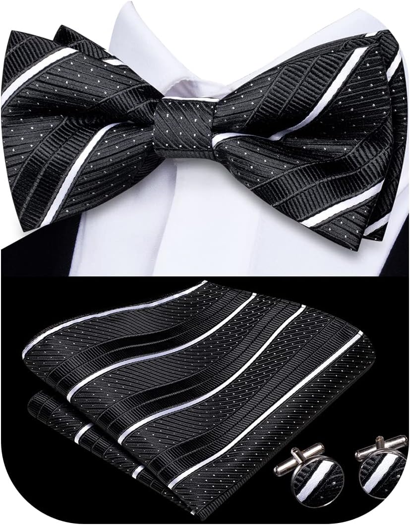 Hi-Tie Bow Ties for Men Pre-Tied Pocket Square with Cufflinks Mens Bowtie Sets for Wedding Formal Party