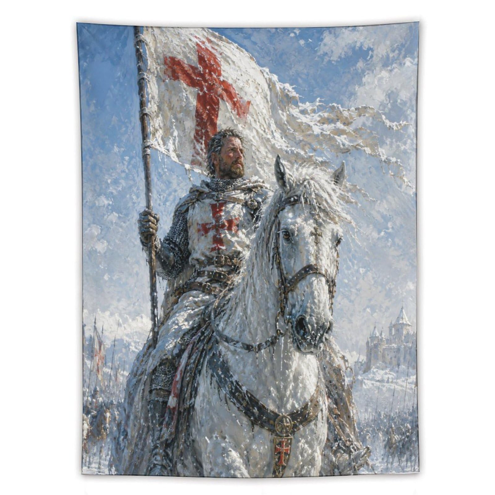 W7C8U2X3 Crusader Knight Wall Tapestry, Medieval Illustration Style