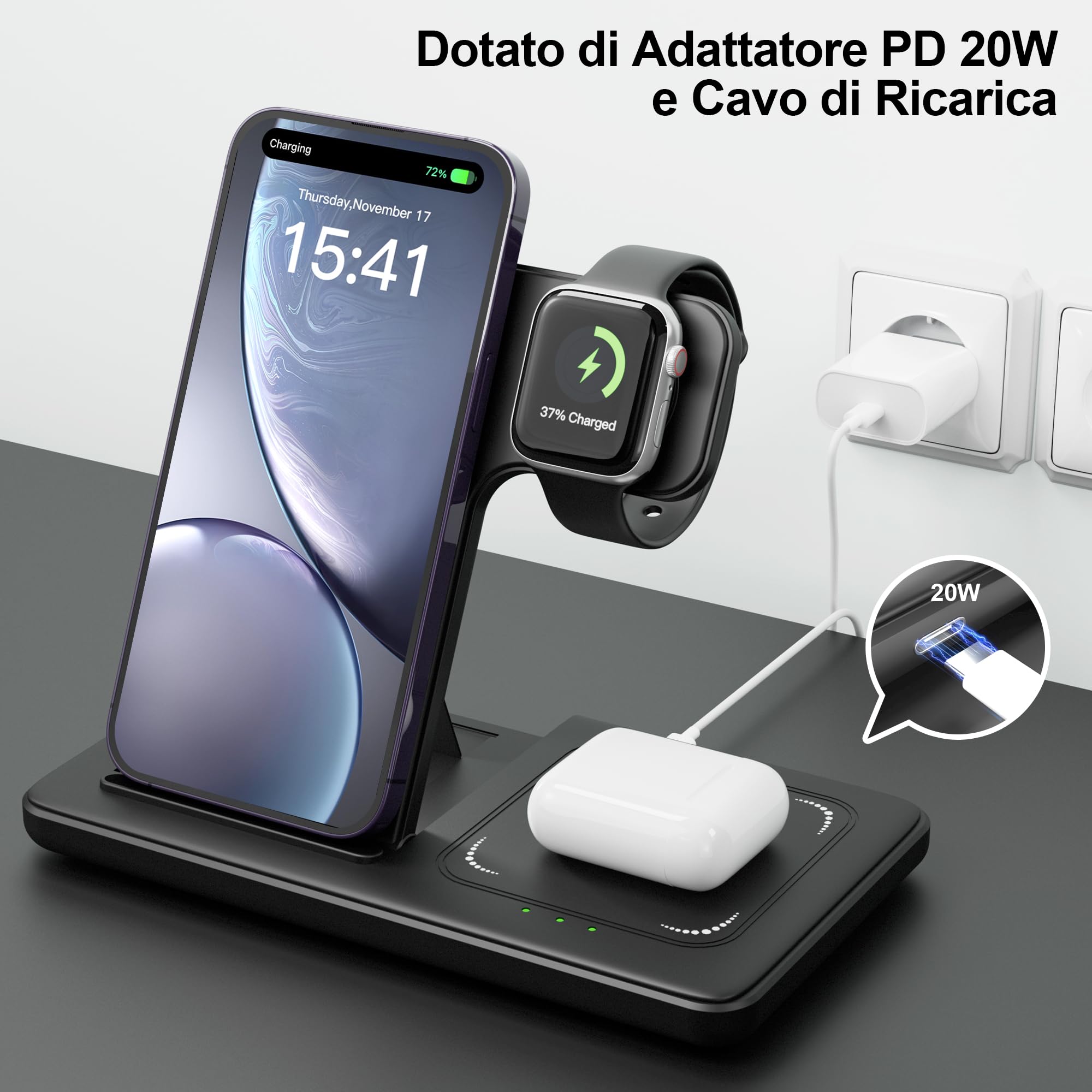 Caricatore Wireless 3 in 1, Ricarica Wireless Charger, 15W Stazione di Ricarica Replacement for iPhone 16/15/14/13/12 Pro/Max/Plus/XS/XR/X, Watch Ultra 10/9/8/7/6/5/4/3/SE, Earbuds Pro 4/3/2 LUOATIP