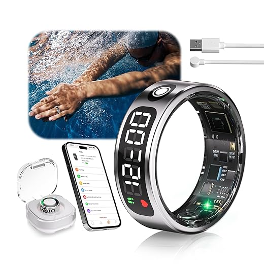 7.0 Smart Ring with LED Screen【5ATM Waterproof】【5.3+EDR Technology - 0.1%± Error】 Smart Ring for Men and Women to Monitor Sleep, Heart Rate, Silver 13#