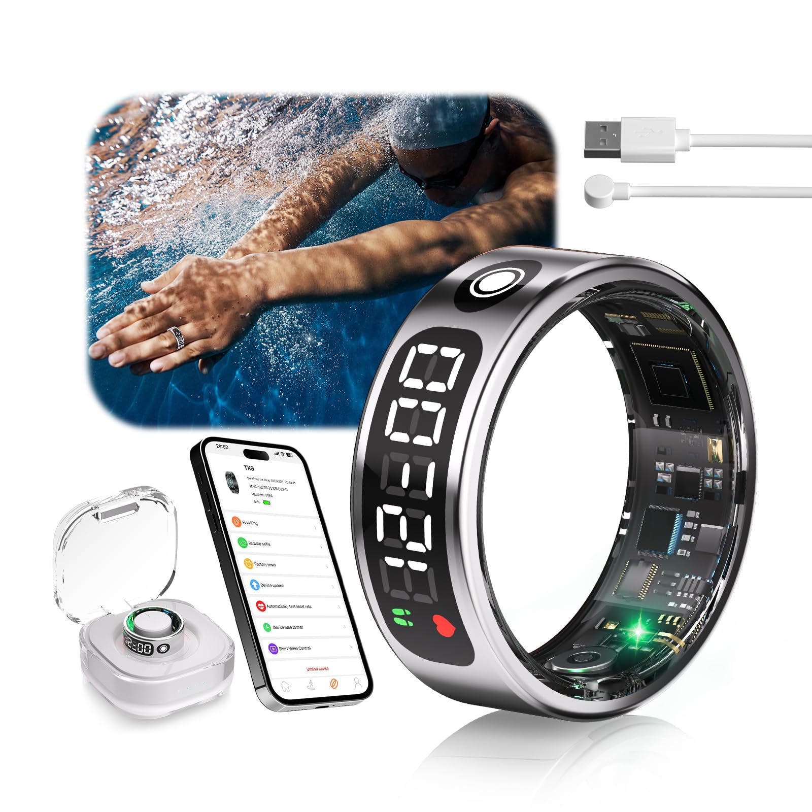 Photo 1 of MSDQQTIY 7.0 Smart Ring with LED Screen?5ATM Waterproof??5.3+EDR Technology - 0.1%± Error? Smart Ring for Men and Women to Monitor Sleep, Heart Rate, Silver 13#