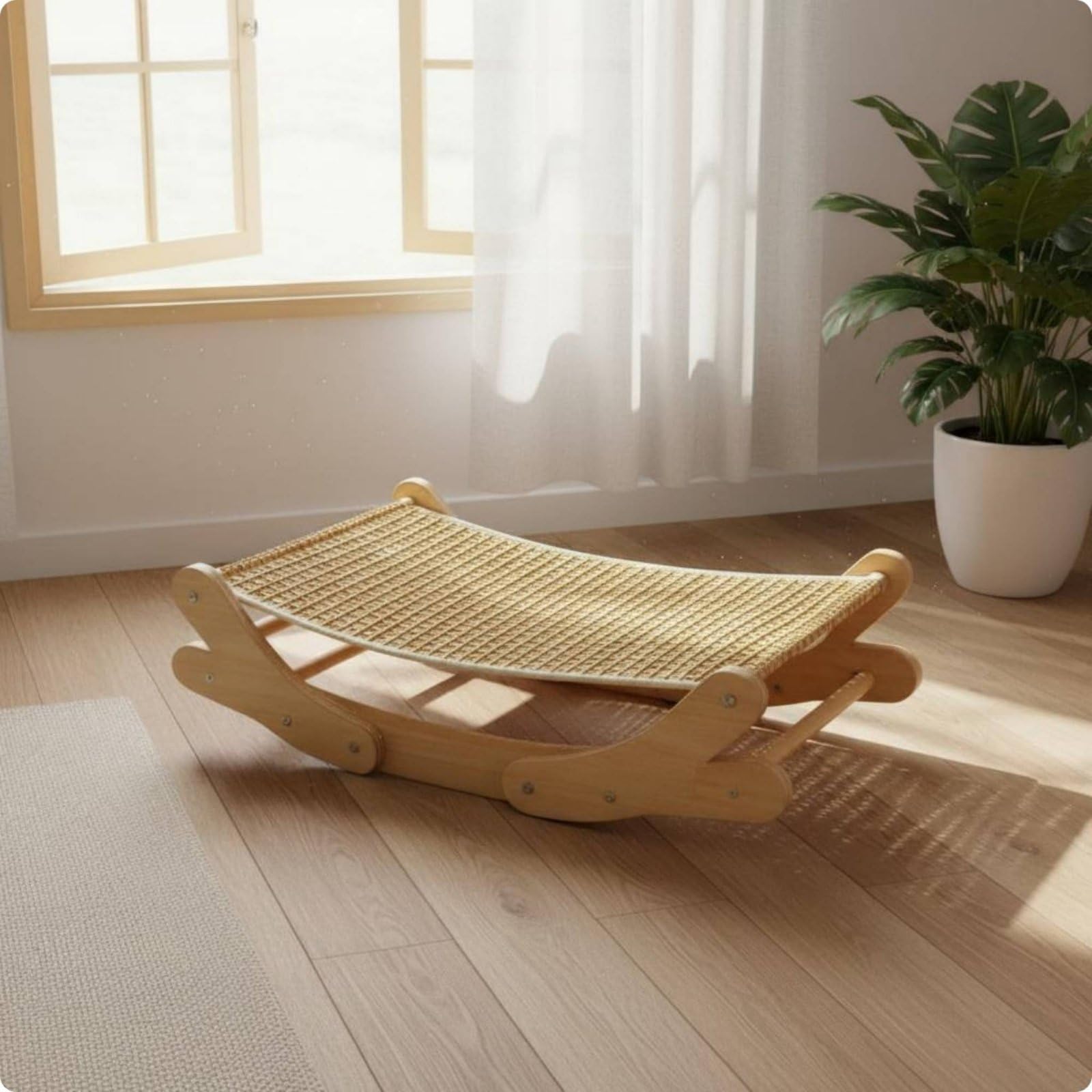 Panier Rafraîchissant pour Chat Nid Tressé Chaise Feline Hamac Courbé Support Bois Surface Respirante Fraîcheur Été, Tapis Jute+Contreplaqué