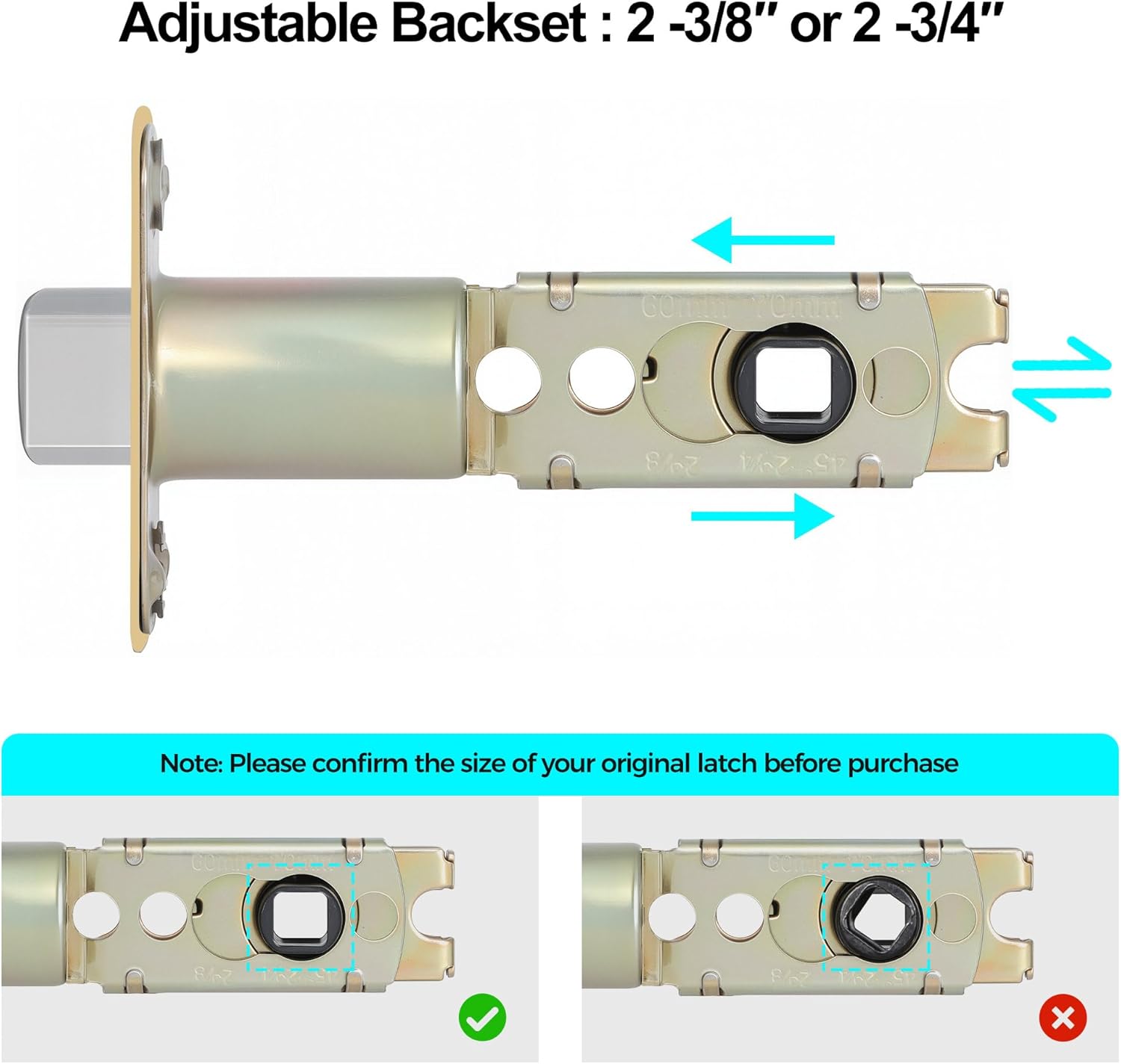 2 Pack Brushed Gold Door Latch Replacement, 45°Turning Angle Door Lock Replacement Parts, 2-3/8'' or 2-3/4'' Adjustable Backset Deadlatch, Stainless Steel Round Corner Lock Parts
