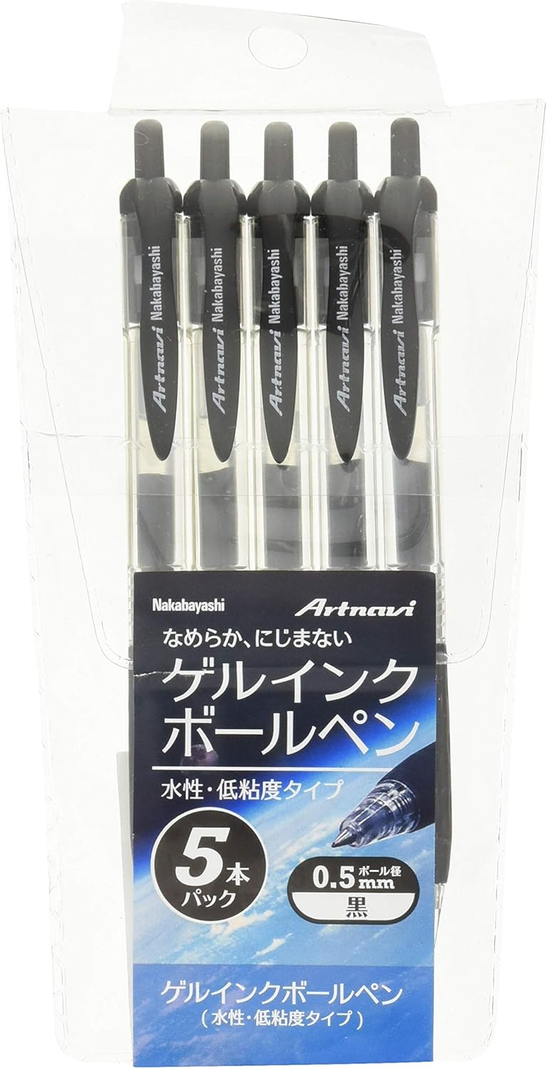 Nakabayashi LBPS-01D-5P Water-Based Low Viscosity Gel Ballpoint Pen, Pack of 5, Black