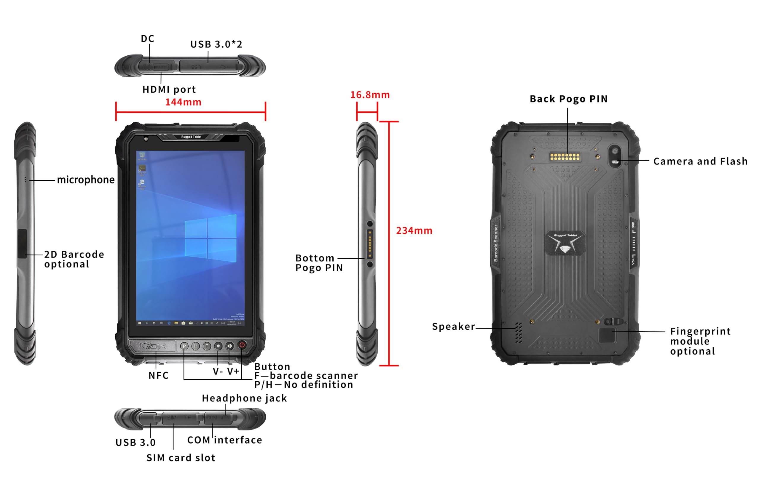 ST9-J wytrzymały tablet, 8-calowy tablet przemysłowy Windows 11 Pro Intel N5100, 8 GB+256 GB, wodoodporność IP65, 5000 mAh, 4G LTE/WiFi/BT 4.2/NFC/GPS (edycja standardowa)