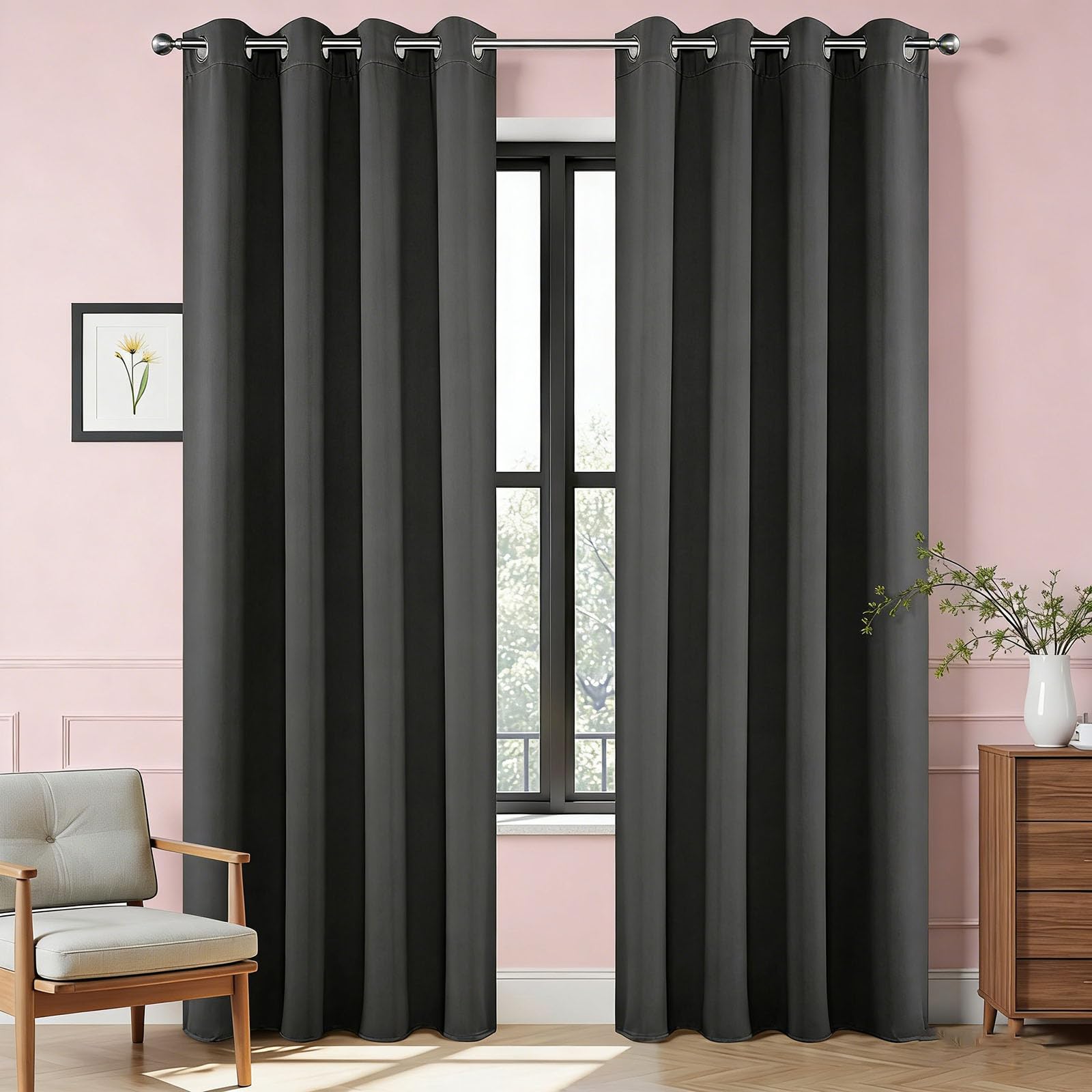 Rideau thermique isolant gris 250x180 cm opaque à oeillets pour salon