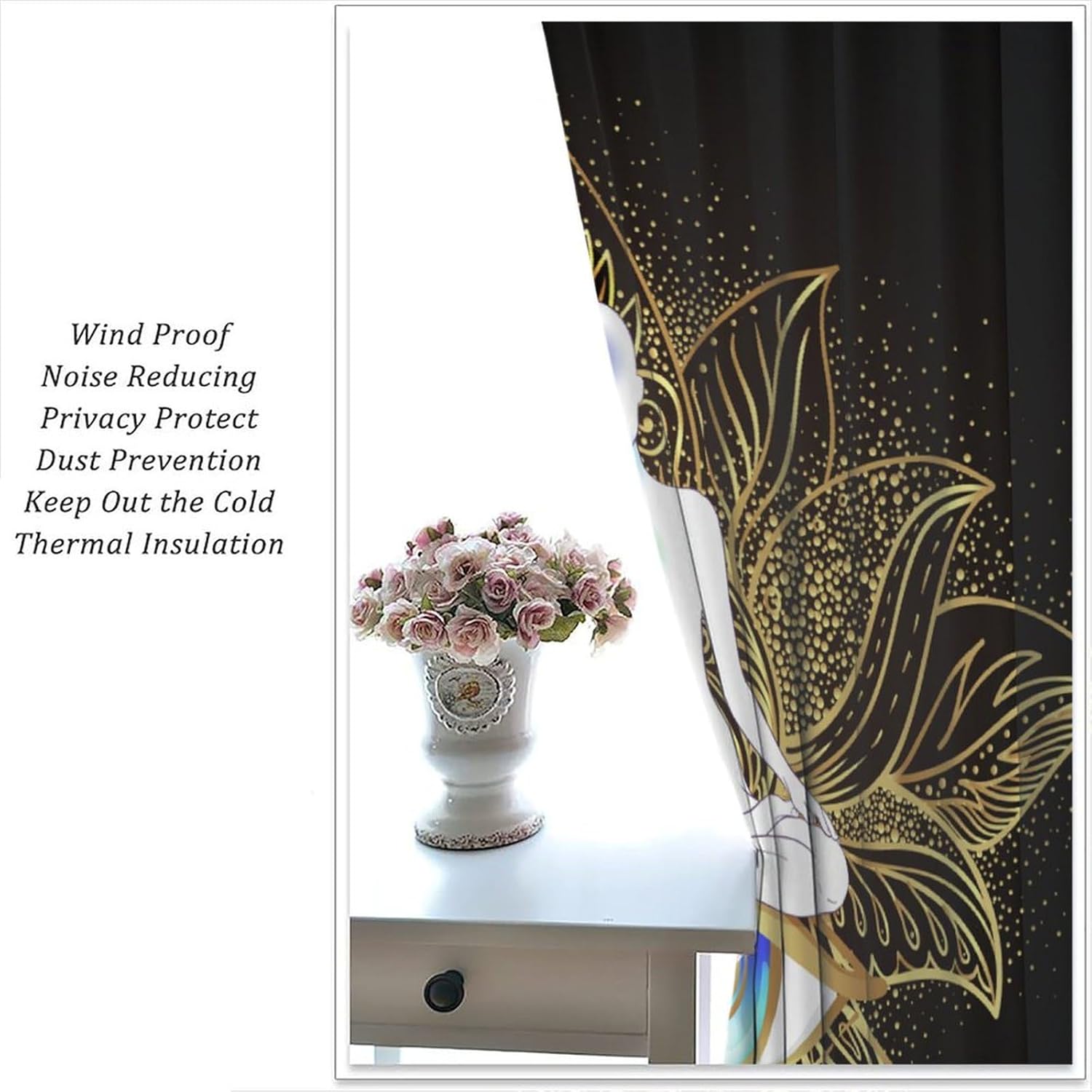 Seven Chakra Curtains Mandala Eyes Yoga Meditation Zen Hippie Golden Black Lotus Curtain with Rod Pocket for Bedroom Living Room Home Drapes Window Treatments 2 Panels Set 55" W X 63" L