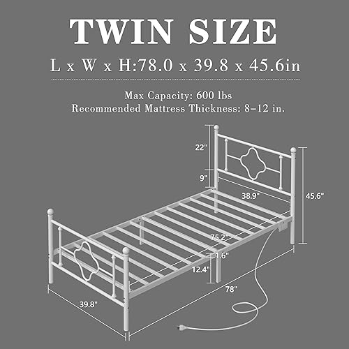 Miniatura 33 de Base de cama de tamaño individual con estación de carga y luces LED, marco de cama de metal con cabecero, cabecera tapizada negra con estantes de