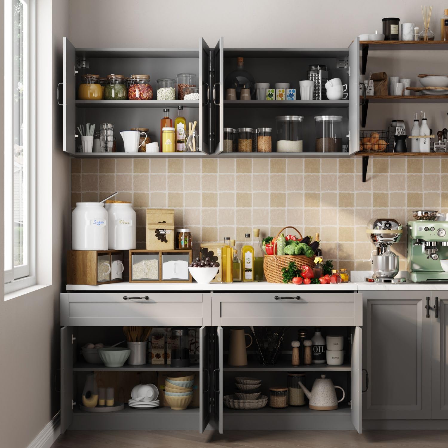 FAMAPY kitchen pantry cabinet with doors open, revealing organized shelves and drawers filled with kitchen items.