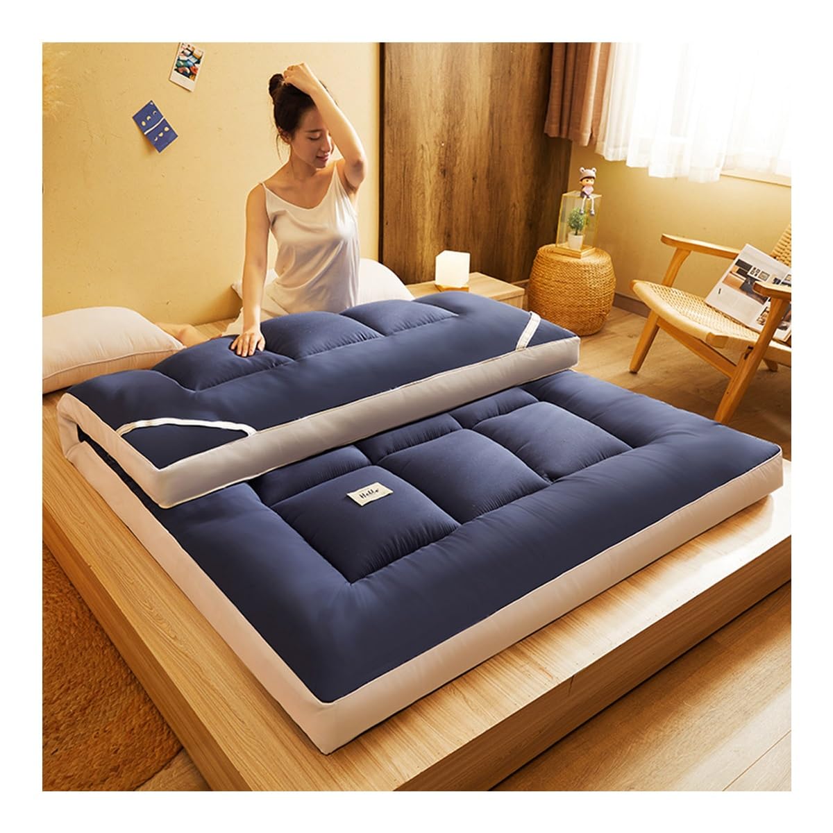 Luxury Queen Size Mattress Topper Plush Down Alternative Pillow Top Breathable Hotel Quality Navy Blue Small Double 12"