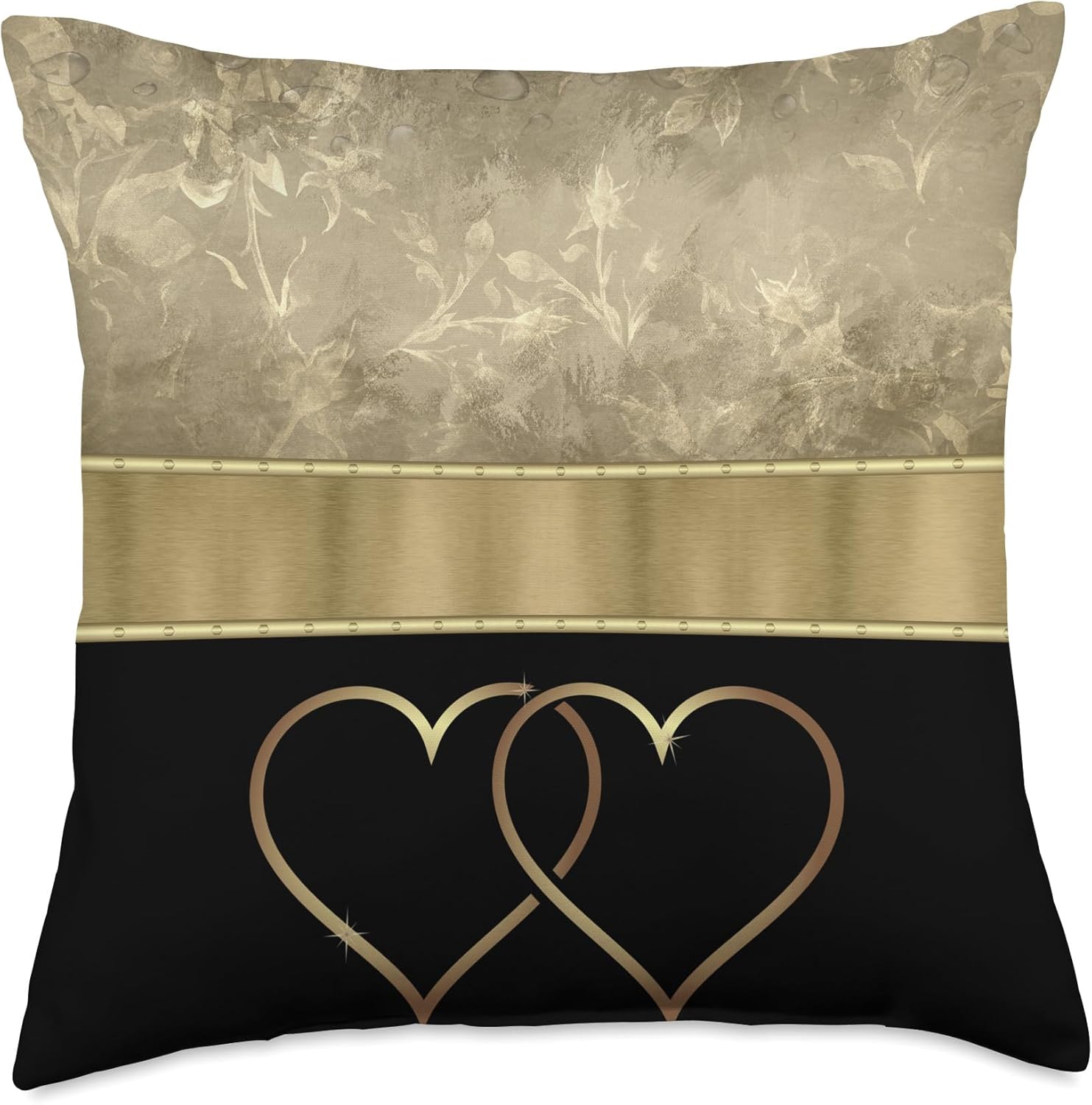 Ornate Black and Gold With Hearts Pattern Design Throw Pillow