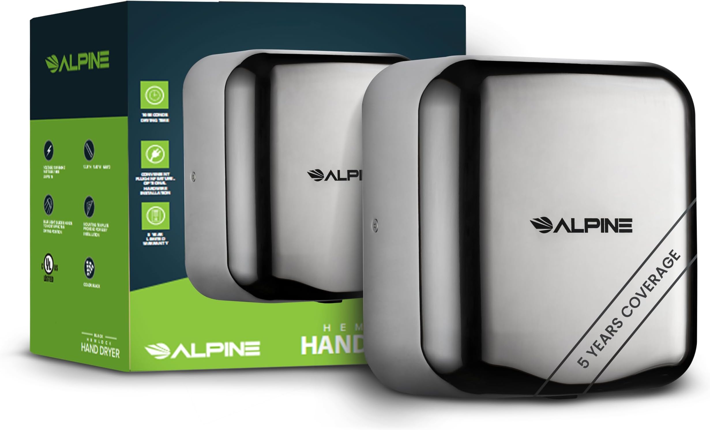 Alpine Industries Hemlock Automatic High Speed Hand Dryer - Heavy Duty Stainless Steel - Commercial High Speed Hot Air Hand Blower | 1800Watts | 110-120Volts | Quick & Easy Installation (Chrome)