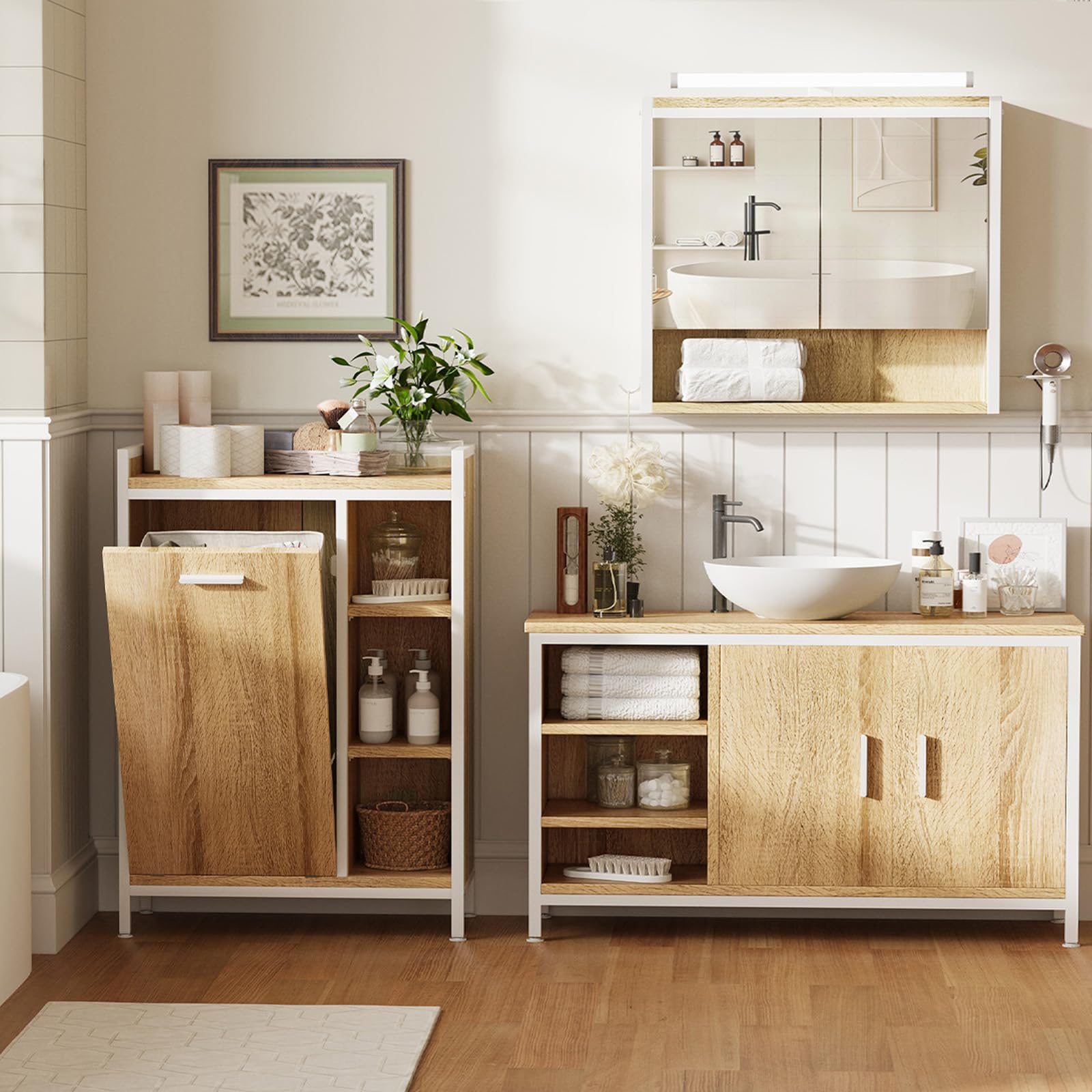 ELUCHANG Meuble de Salle de Bain, Panier à Linge 50L, Placard de Rangement, 2 en 1,avec Sac Intérieur Amovible,Étagère Réglable,pour Salle de Bain, Buanderie,63 x 30 x 91cm,Chêne Clair+Blanc