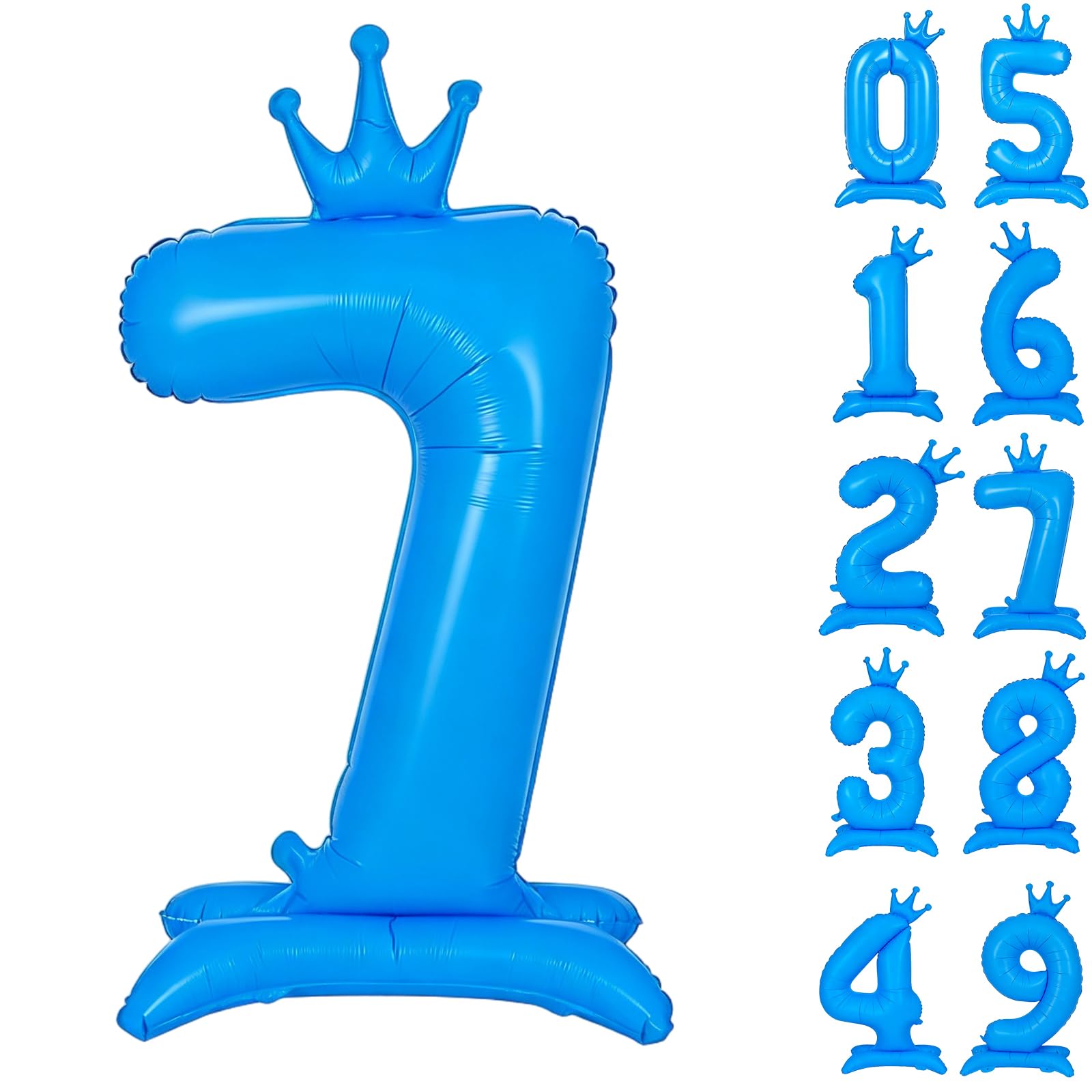 Fluorescent Blue Number 7 Balloon 42 Inch Standing Balloons 0-9 Fluorescent Blue Crown Balloons 7 Giant Foil Number 7 Balloon with Crown Birthday Party Decorations Supplies