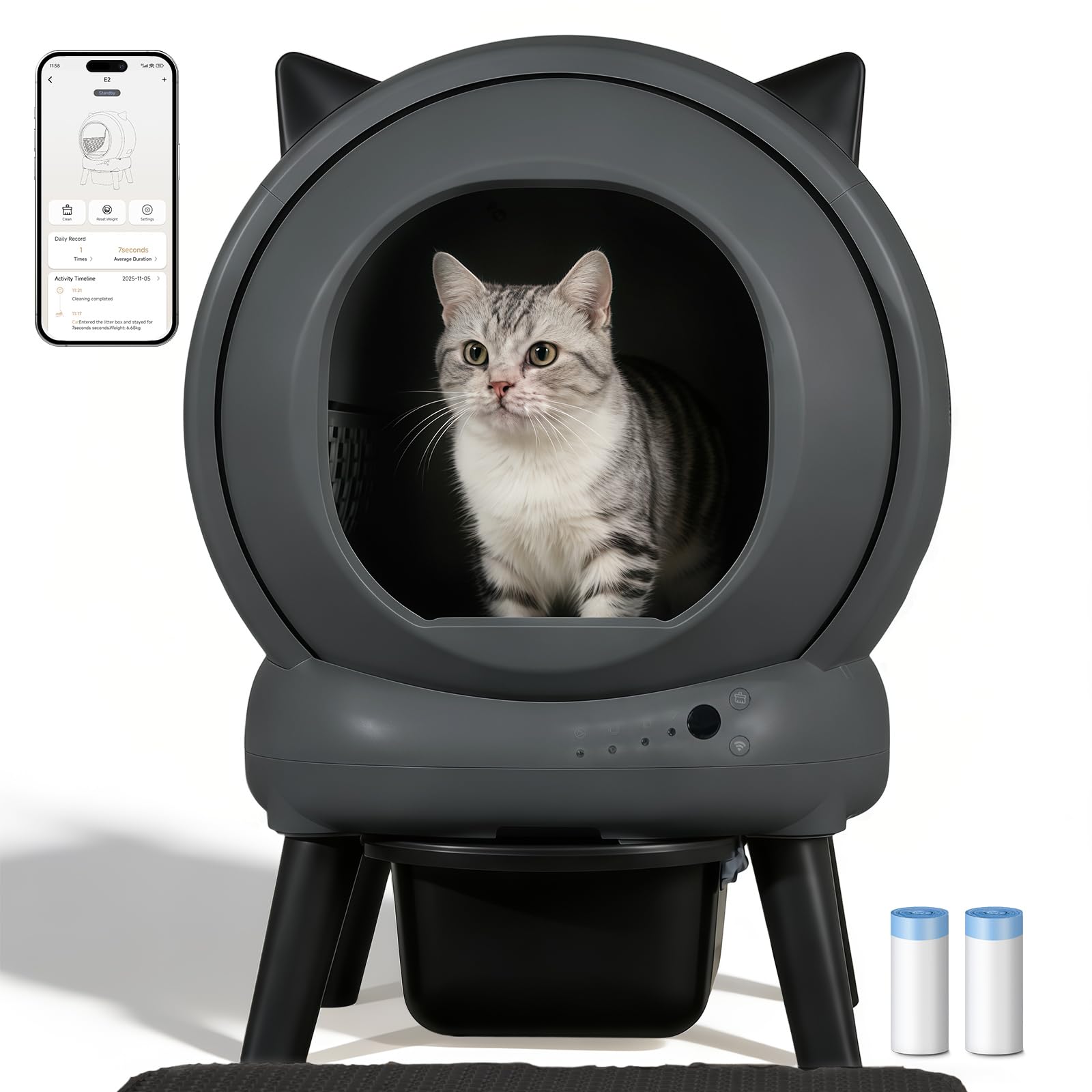 Petcharm Self Cleaning Litter Box for Multiple Cats, Automatic Litter Box with APP Control, 9-Sensor Safety Protection, 50L Interior & 7.2L Waste Bin, Quiet <30dB, Odor Control, Includes Trash Bags