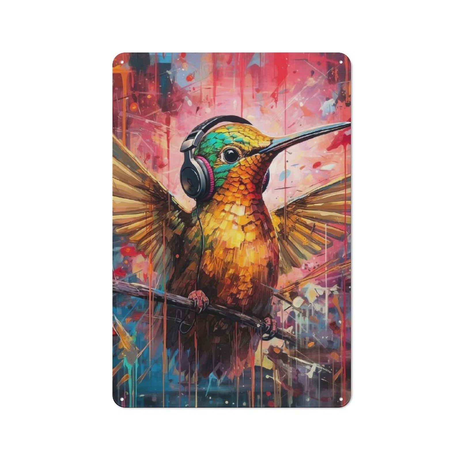 Junmoney Hummingbird Headphones Metal Plaque 30X20cm With For Garage Wall, Retro Decor, For Garage Decor Collectors Refreshing A Room In Autumn
