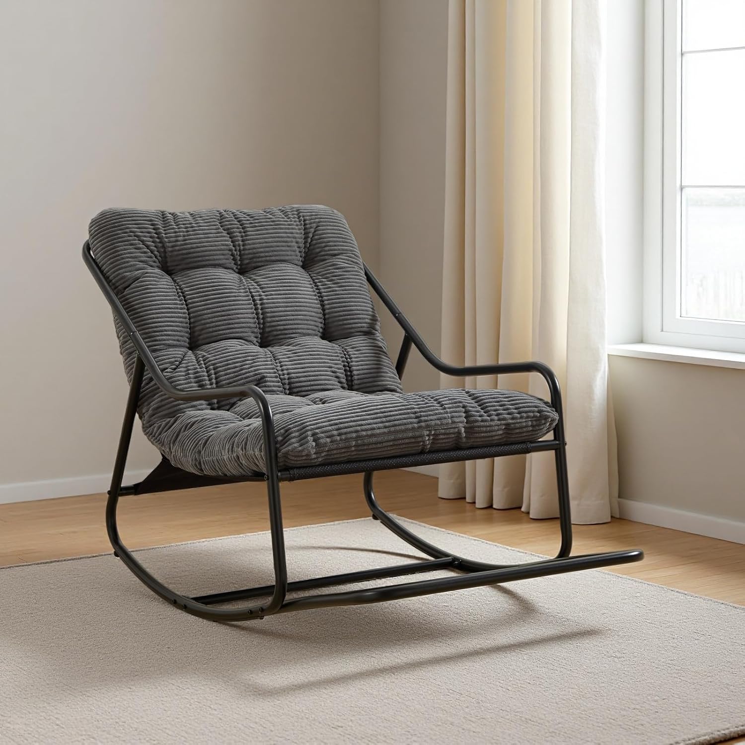 Outdoor Rocking Chair, Patio Recliner Chair with Black Metal Frame & Soft Thick Cushion, Corduroy Upholstered Tufted Rocker Chair with Footstool for Living Room, Soft Lounge Chair, Grey