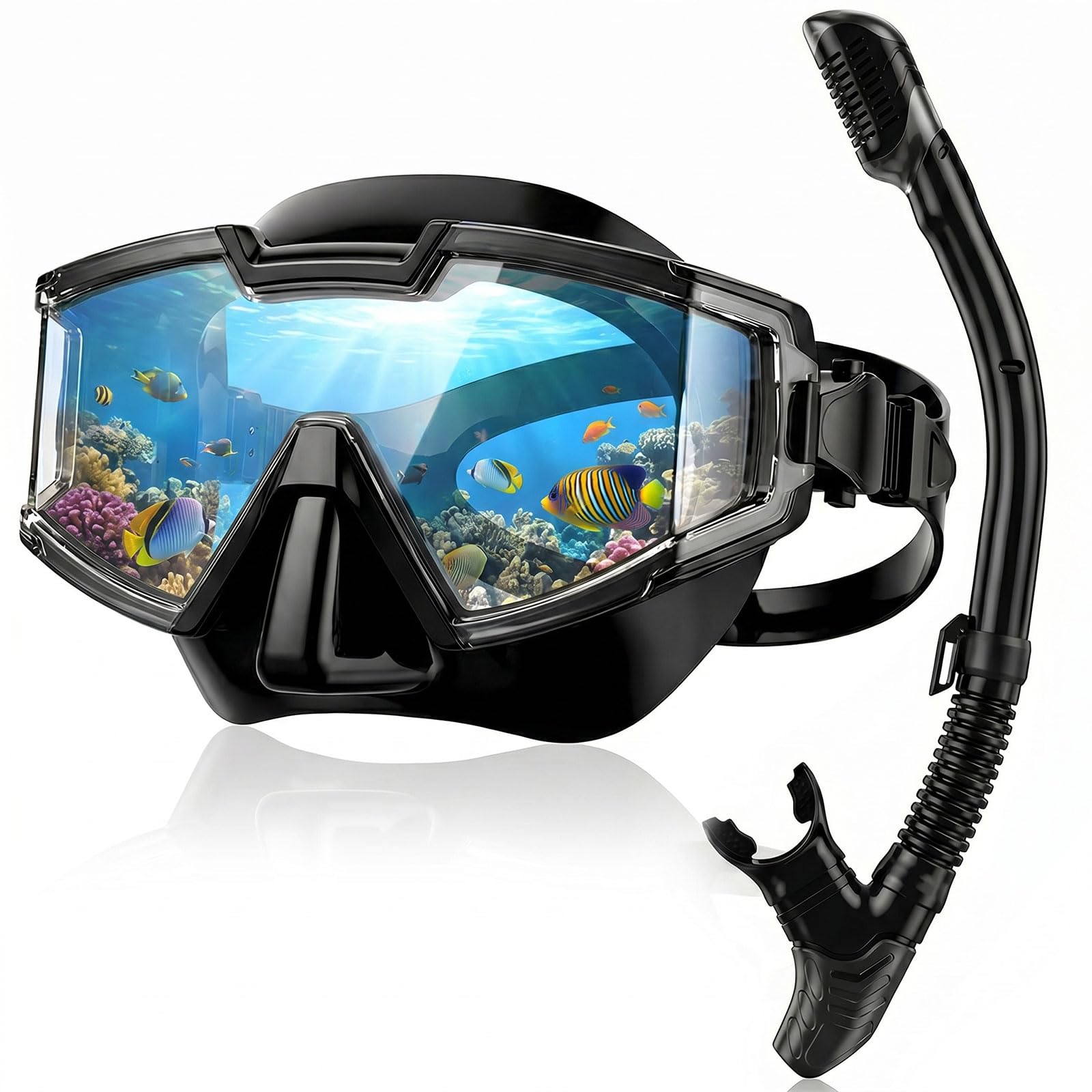 Juego de esnórquel para adultos, máscara de esnórquel con esnórquel seco, panorámica de 180°, antivaho y antifugas, máscara de buceo para natación, buceo libre, artículos esenciales de playa y
