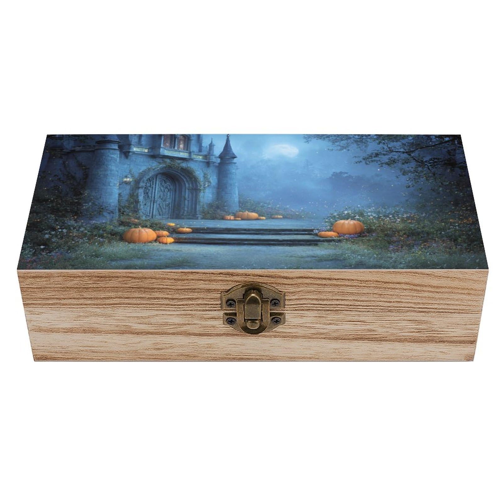 Halloween Foggy Castle with Pumpkins Wooden Storage Box with Hinged Lid