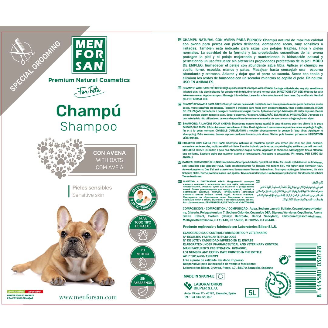 MENFORSAN Shampoing pour Chien à la Farine d'avoine | Effet adoucissant et apaisant | pour Les Peaux sensibles et sensibles | Avoine 100% Naturelle | Parfum Doux | 5 l